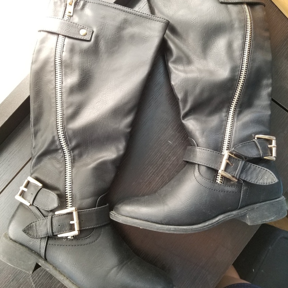 Black Riding Boots Asymmetrical Gold Zipper Buckle